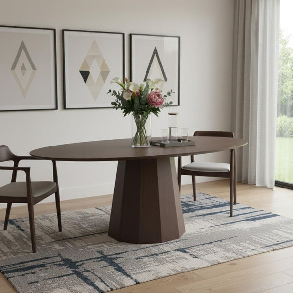 86 Inch Oval Solid Walnut Dining Table with Dual Pedestal Base Seats Eight