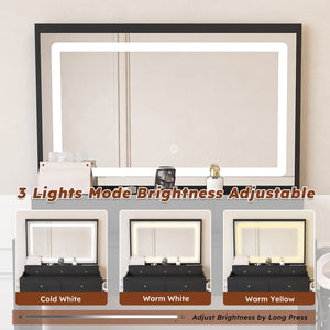 English Elm New Large Mirror Vanity Desk with 5 Drawers, Built-In Outlet & Hairdryer Holder, 3-Mode LED Lighting Black W509P339033