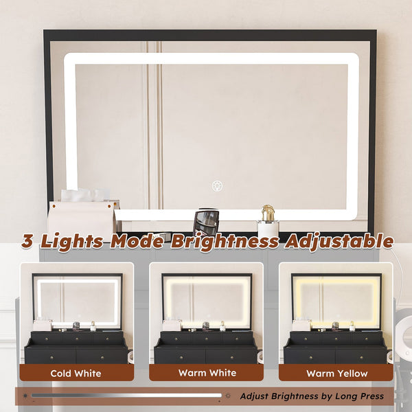 English Elm New Large Mirror Vanity Desk with 5 Drawers, Built-In Outlet & Hairdryer Holder, 3-Mode LED Lighting Black W509P339033