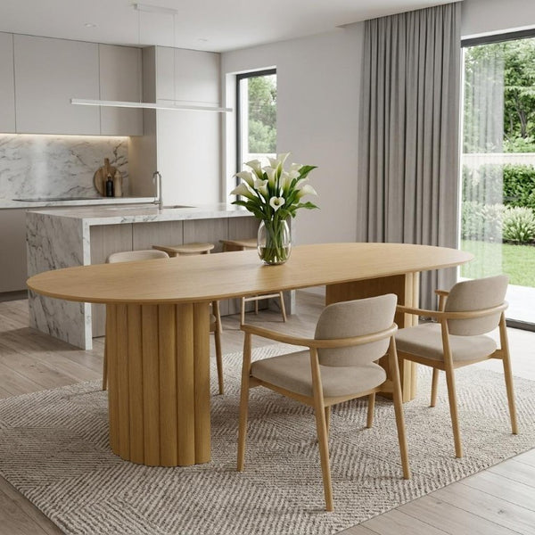 86 Inch Oval Natural Wood Dining Table with Sturdy Double Pedestal Base Seats Eight