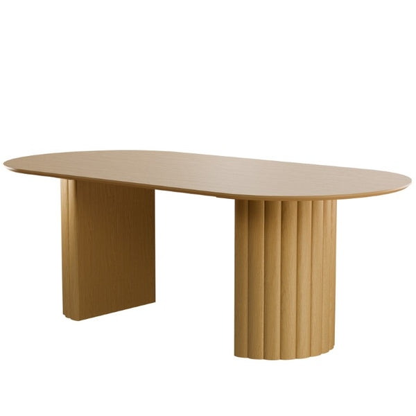 HomeRoots 86 Inch Oval Natural Wood Dining Table with Sturdy Double Pedestal Base Seats Eight 720701