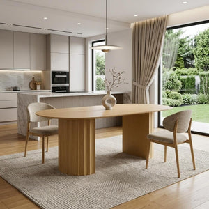 86 Inch Oval Natural Wood Dining Table with Elegant Double Pedestal Base Seats Eight