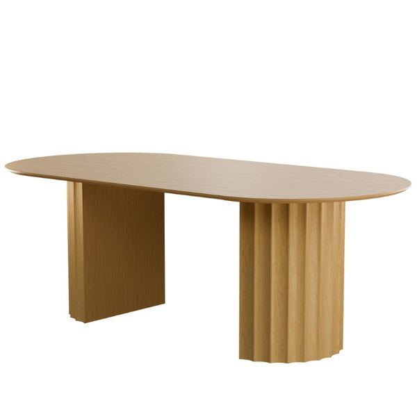 HomeRoots 86 Inch Oval Natural Wood Dining Table with Elegant Double Pedestal Base Seats Eight 720702