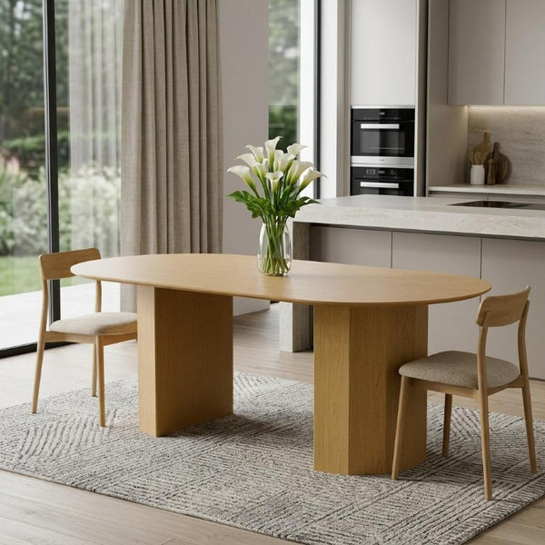 86 Inch Oval Natural Wood Dual Pedestal Dining Table Seats Eight Elegantly