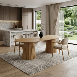 86 Inch Oval Solid Wood Dining Table with Twin Pedestal Base Seats Eight