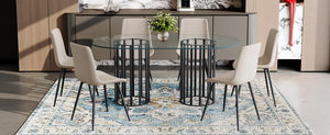 English Elm Table Set Oval Tempered Glass Top with Six Brown Fabric Chairs for Modern Dining Black,Transparent,Warm Grey W1151S04750