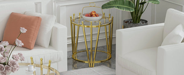 English Elm 19.69inch Gold Round Coffee Table with Crown Frame, 8mm Tempered Glass, Stainless Steel Base, Chic Storage Clear W1550P171466