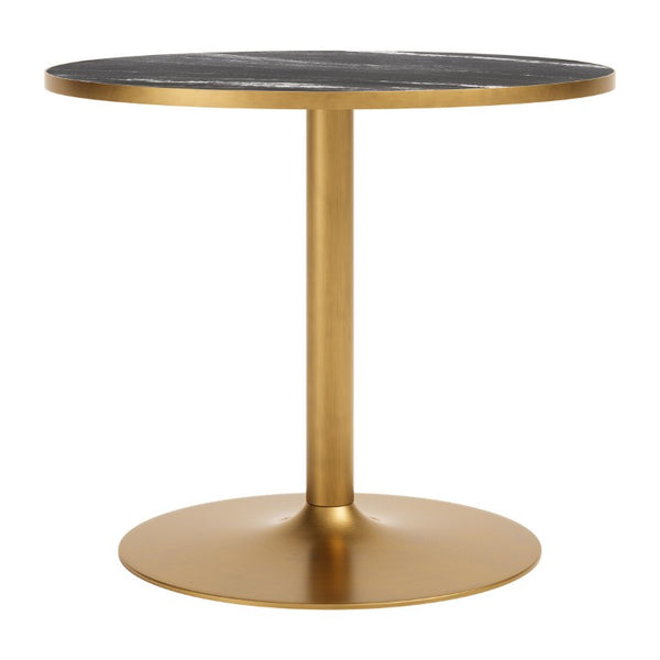 36 Inch Round Faux Marble Top Dining Table with Steel Pedestal Base for Modern Spaces