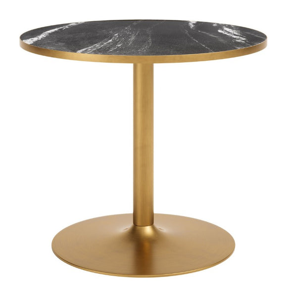 36 Inch Round Faux Marble Top Dining Table with Steel Pedestal Base for Modern Spaces