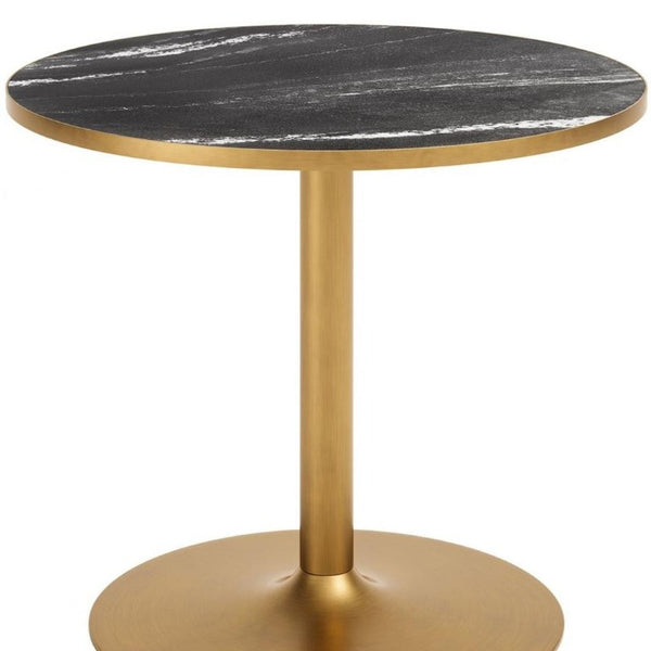 36 Inch Round Faux Marble Top Dining Table with Steel Pedestal Base for Modern Spaces