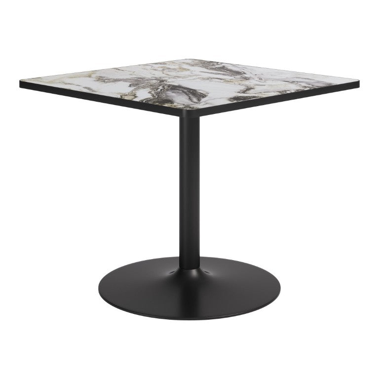 HomeRoots 36 Inch Square Faux Marble Top Dining Table with Steel Pedestal Base for Modern Rooms Gray / Black 720927