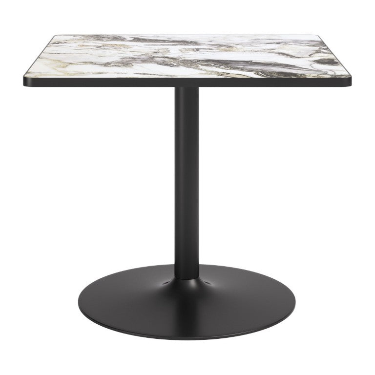 HomeRoots 36 Inch Square Faux Marble Top Dining Table with Steel Pedestal Base for Modern Rooms Gray / Black 720927