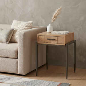25 Inch Wood and Steel End Table with Drawer Natural Finish Accent for Living Room