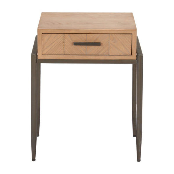 HomeRoots 25 Inch Wood and Steel End Table with Drawer Natural Finish Accent for Living Room 720932