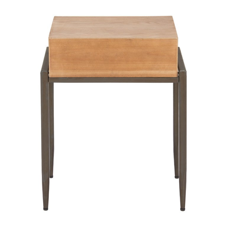 HomeRoots 25 Inch Wood and Steel End Table with Drawer Natural Finish Accent for Living Room 720932