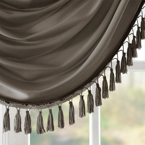 JLA Home Madison Park - Faux Silk Waterfall Valance with Tassel Trim, Lined Rod-Pocket Design for Hotel-Quality Window Styling Pewter MP41-4958