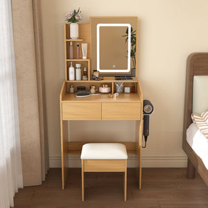 English Elm Vanity compact dressing desk with LED mirror, 3-color dimmable lights, drawers, stool, outlet Wood W2699P345799
