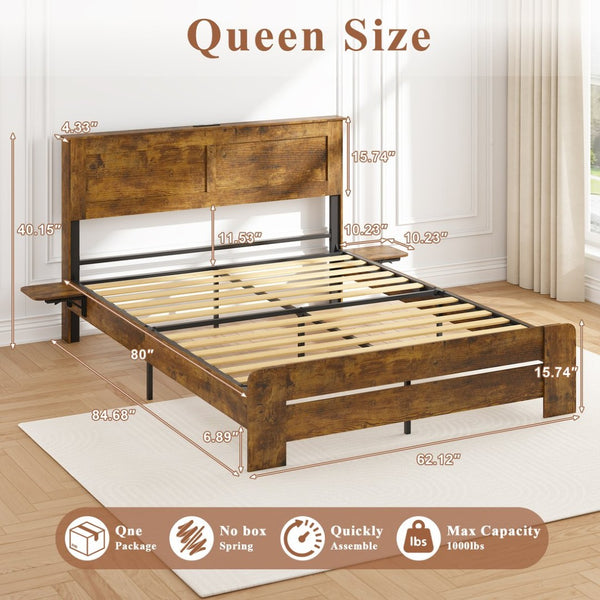 English Elm Farmhouse Queen Platform Bed Rustic Wood Headboard Led Lighting Charging Station Storage W1550P366928