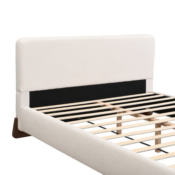 English Elm Elegant Boucle Platform Bed White Upholstered King with Dark Brown Wood Legs N769P228000K
