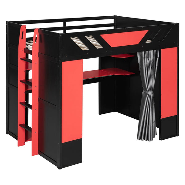 English Elm Full Size Loft Bed with Desk Blackout Curtains Rgb Lighting and Integrated Storage Black+Red LT000377AAJ