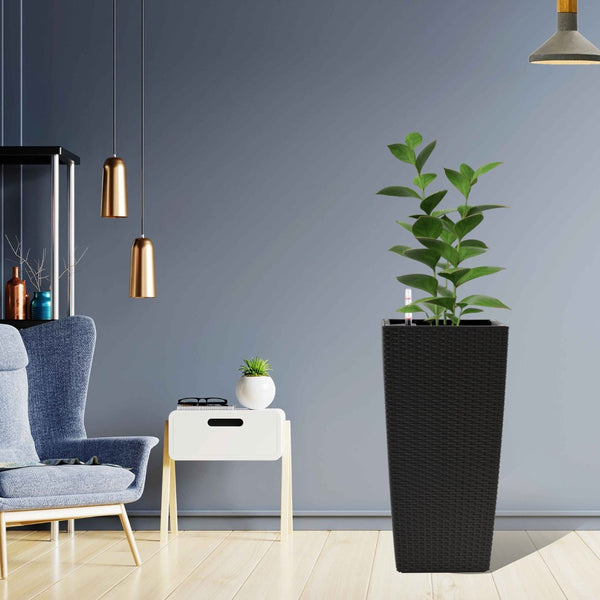 English Elm Pack of 2 Tall Square Faux Rattan Outdoor Planters with Auto Watering Patio Porch Set Black W3213P311468