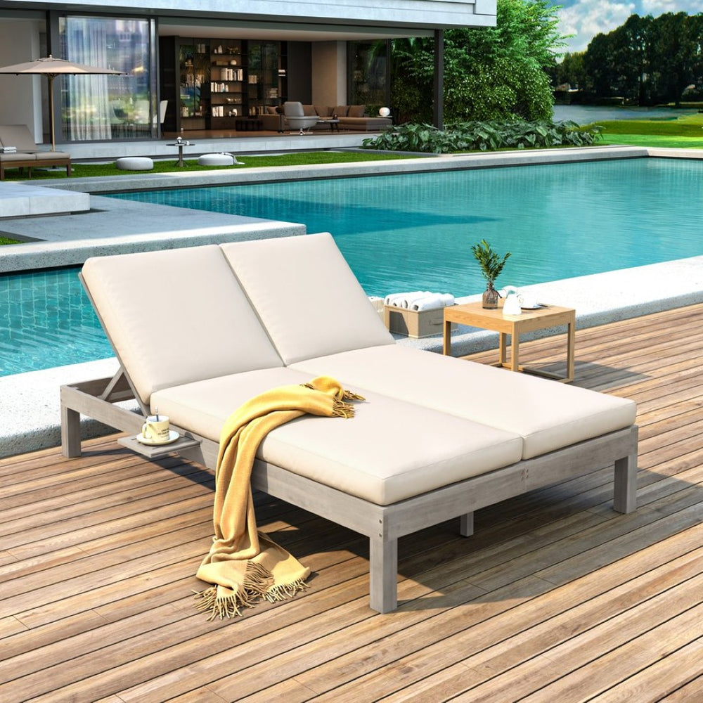 English Elm Trexm Acacia Wood Double Chaise Lounge Outdoor with Folding Trays and Foam Cushions TM000015AAE