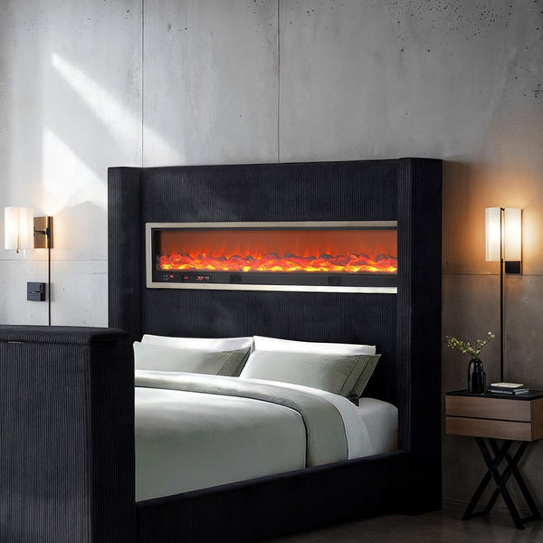 English Elm Black Eastern King Platform Bed Wingback Headboard with Motorized Tv Lift Fireplace Black,Multi B2741S00798