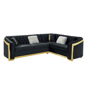 English Elm 106 Inch Velvet Tufted Chesterfield Sectional with Gold Steel Legs for Large Living Rooms Black W1191S00046