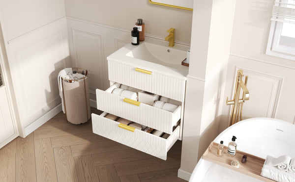 English Elm 24inch Bathroom Vanity with Ceramic Basin Sink, Wall-Mounted Double Drawer Cabinet for Small Baths White N710P324097K