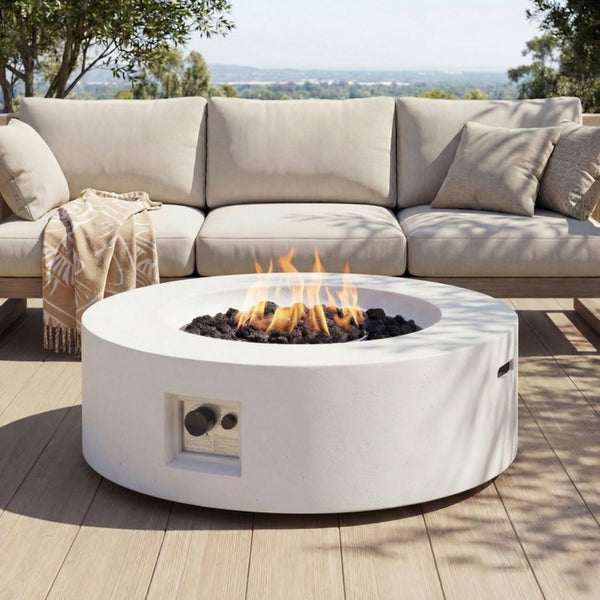 English Elm Lightweight Concrete Round Fire Pit 50000 Btu Propane Patio Gathering Focal Point N772P390497W