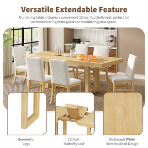 English Elm TOPMAX 7-Piece Extendable Dining Set with 12" Self-Hidden Butterfly Leaf and Upholstered Chairs, Distressed White Wire-Brushed Finish Natural SP000059AAA