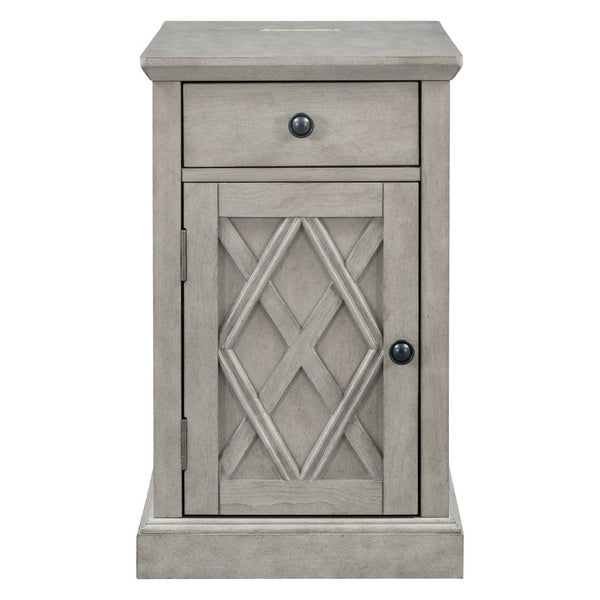 English Elm U-can Acacia Wood End Table with Usb Charging Station Drawer and Cabinet Storage Antique Gray N724P353565E