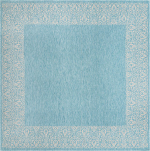 Unique Loom Outdoor Border Floral Border Machine Made Floral Rug Aqua, Ivory/Gray 13' 0" x 13' 0"