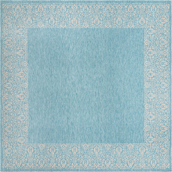 Unique Loom Outdoor Border Floral Border Machine Made Floral Rug Aqua, Ivory/Gray 13' 0" x 13' 0"