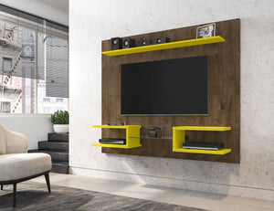 English Elm Plaza 64" TV Panel with Overhead Display Shelf, Glass Media Divider, Wire-Management & Mounting Hardware Brown+Yellow B365P398348