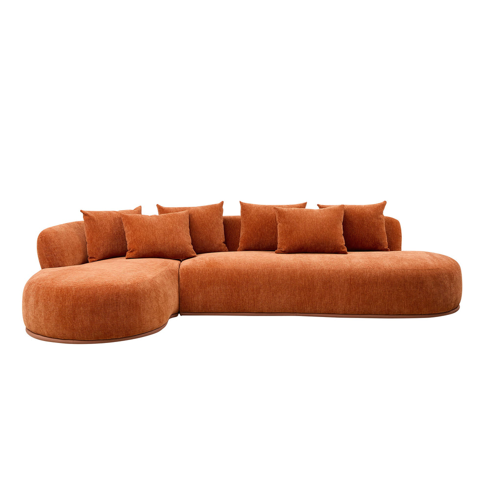 English Elm Modern L Shape Sectional Sofa 134.6" Modular Curved Chaise 6 Pillows PU Leather Base Orange W3208S00005