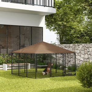 English Elm Pawhut Outdoor Steel Wire Dog Kennel with Canopy Roof and Rotating Feeding Bowl W2225P229078