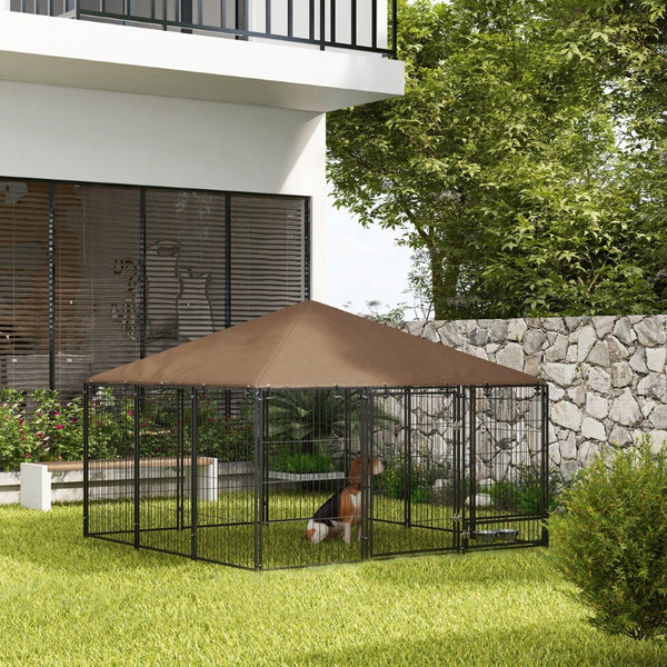 English Elm Pawhut Outdoor Steel Wire Dog Kennel with Canopy Roof and Rotating Feeding Bowl W2225P229078