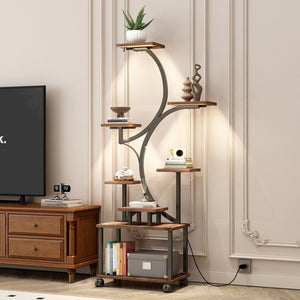 English Elm Plant Stand with Full Spectrum Grow Lights 8 Tier S Shaped Iron Corner Display Rack Black+Brown W2641P446499