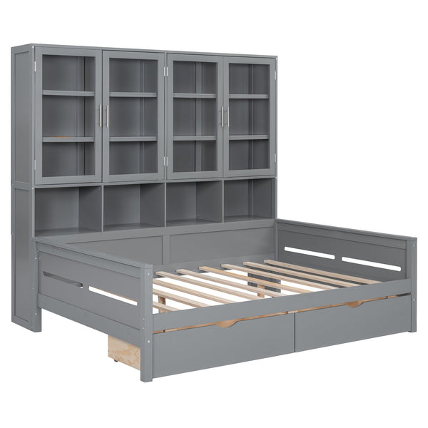 English Elm Full Size Wooden Daybed With Stylish Led Lighting, Glass Storage Cabinets & Versatile Shelves In Gray N820S00051E