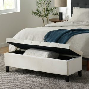 English Elm Button Tufted Storage Ottoman Upholstered Bench with Hinged Lid for Bedroom Entryway Beige N769P416738M