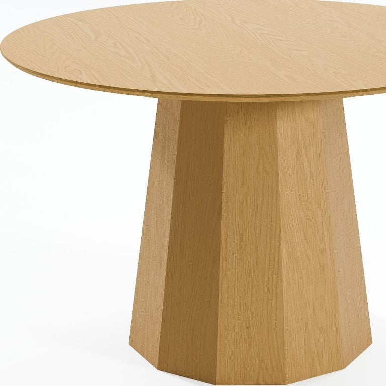 HomeRoots 46 Inch Round Oak Pedestal Dining Table with Beveled Edge Top for Classic Interiors 721087