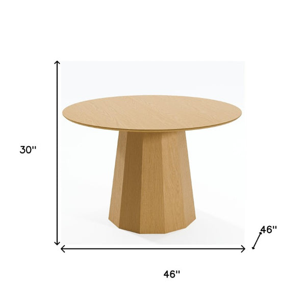 46 Inch Round Oak Pedestal Dining Table with Beveled Edge Top for Classic Interiors