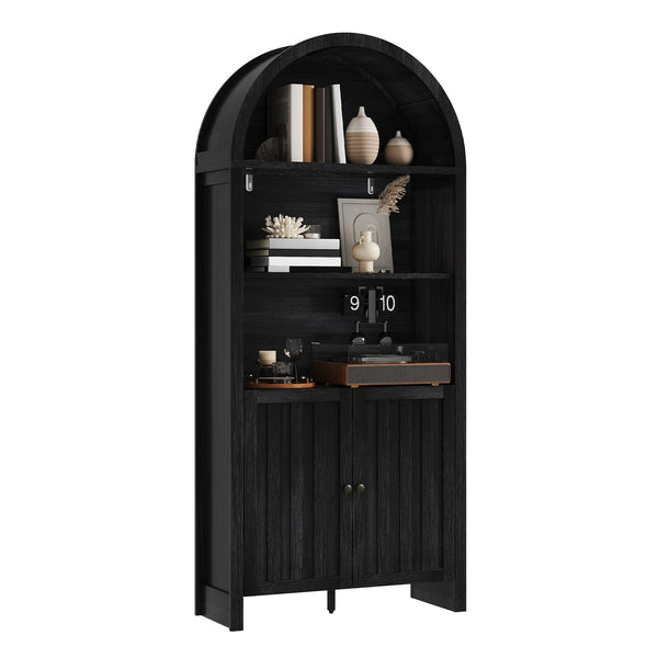 English Elm 71" Tall Farmhouse Bookshelf with Arched Top and Lower Cabinet, Rustic Slatted Doors, Sturdy Design Black T3771P371997