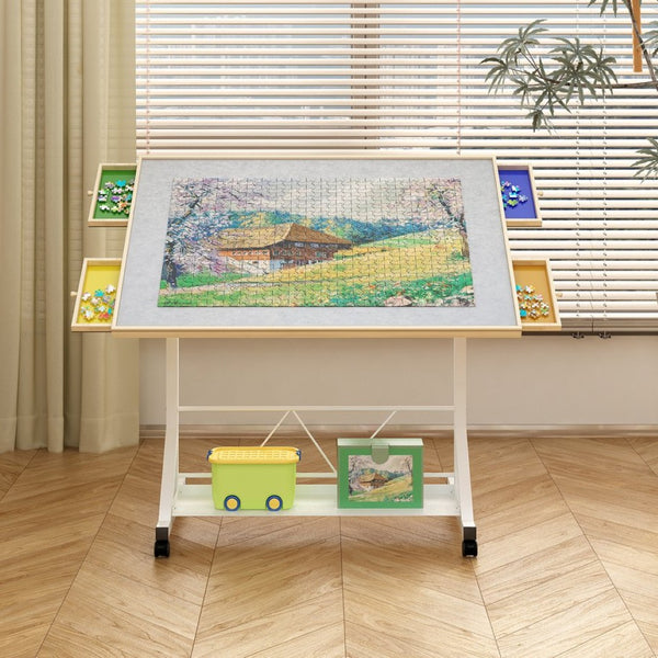 English Elm (white) Wooden Puzzle Table with Drawers Tilting Top Wheels and Protective Cover W2641P442535