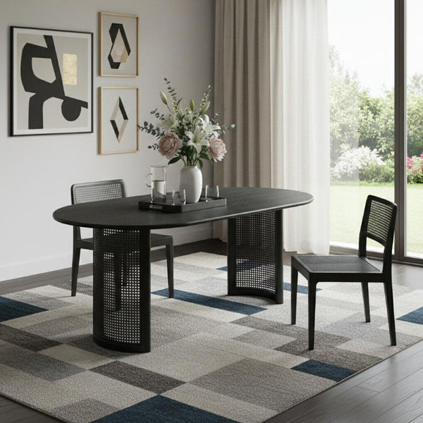 79 Inch Solid Wood Oval Dining Table with Double Pedestal Base Seats up to Eight Guests