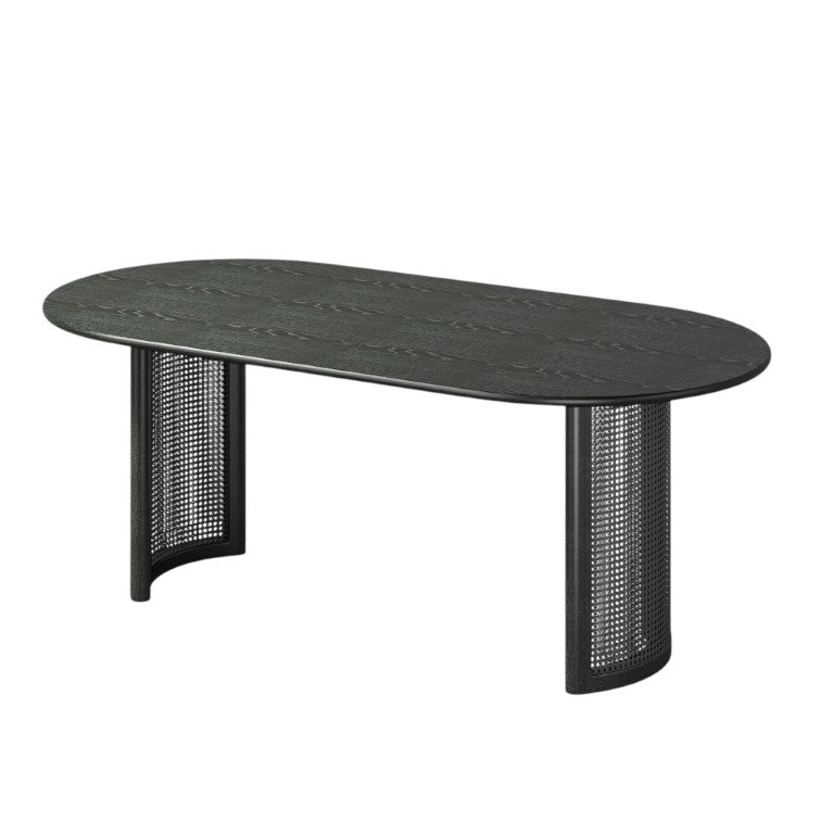 HomeRoots 79 Inch Solid Wood Oval Dining Table with Double Pedestal Base Seats up to Eight Guests Black 721104