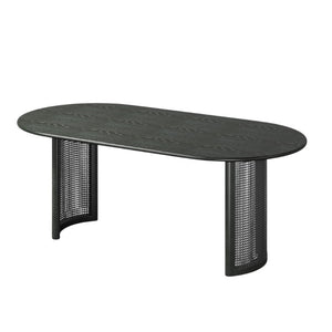HomeRoots 79 Inch Solid Wood Oval Dining Table with Double Pedestal Base Seats up to Eight Guests Black 721104