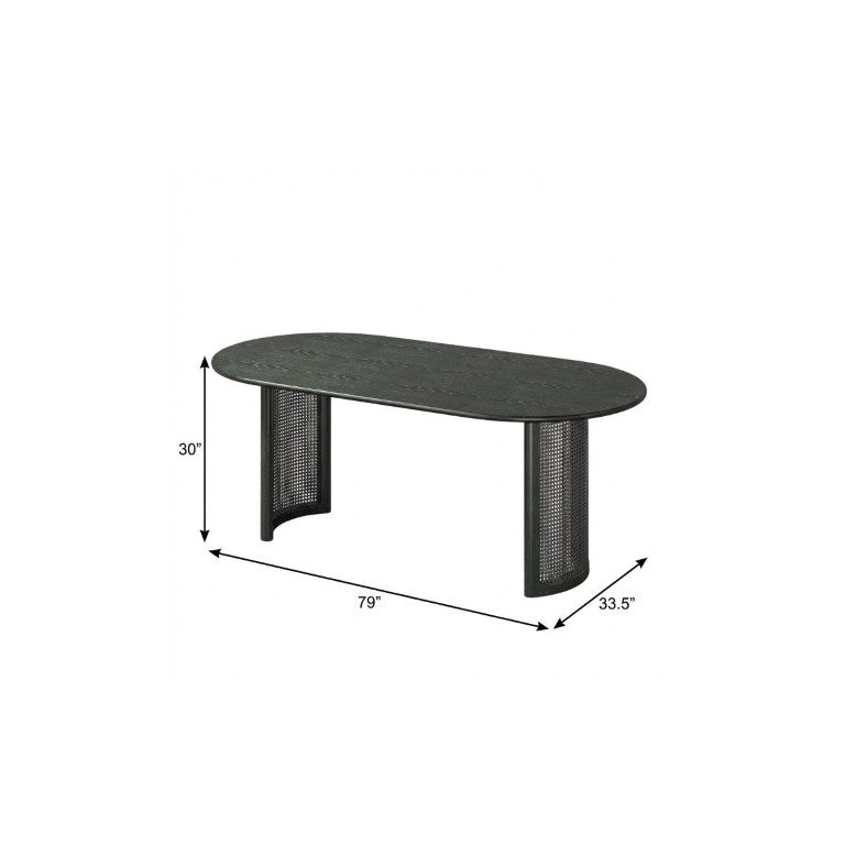 HomeRoots 79 Inch Solid Wood Oval Dining Table with Double Pedestal Base Seats up to Eight Guests Black 721104
