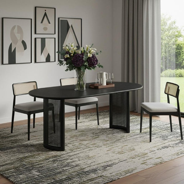 79 Inch Oval Dining Table Solid Wood Frame Rattan Woven Pedestal Base Seats Eight
